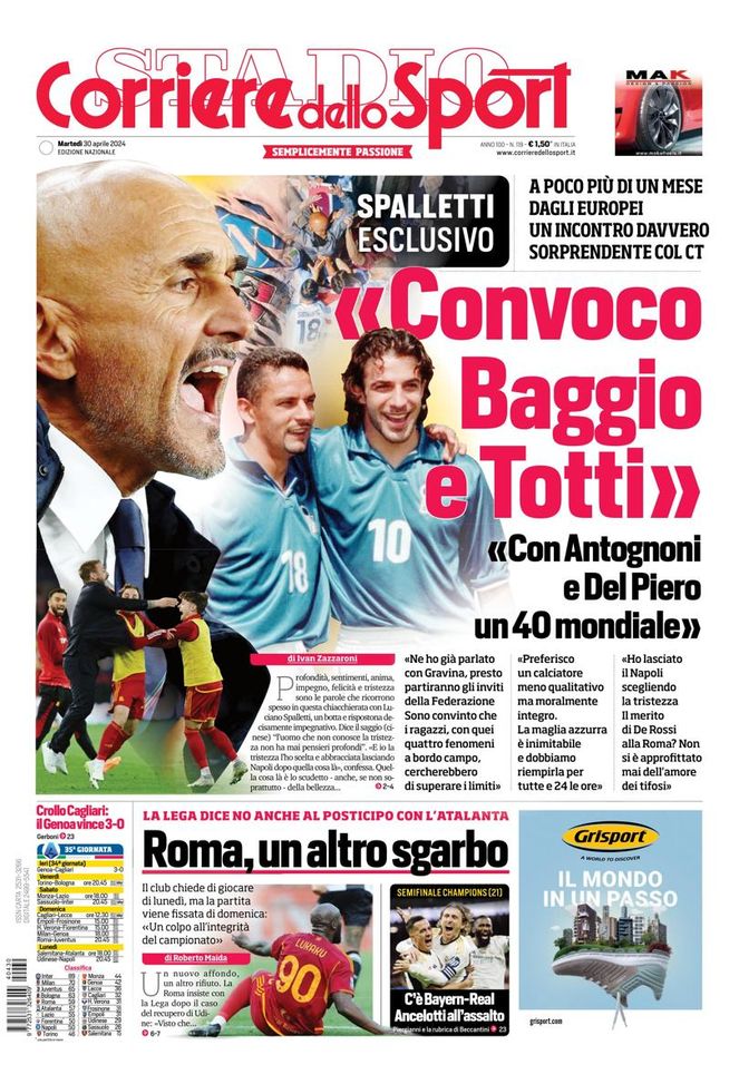 EDICOLA / CdS, Spalletti: “Convoco Baggio e Totti. Ecco perché. Roma, altro sgarbo” - immagine 1