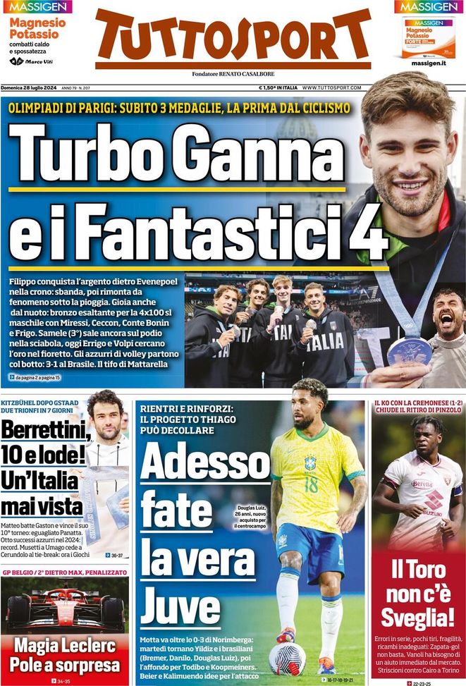 Tuttosport, la prima pagina di oggi, domenica 28 luglio 2024 Tuttosport
