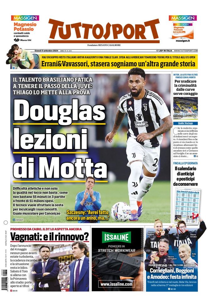 Tuttosport, la prima pagina di oggi, giovedì 5 settembre 2024 Tuttosport