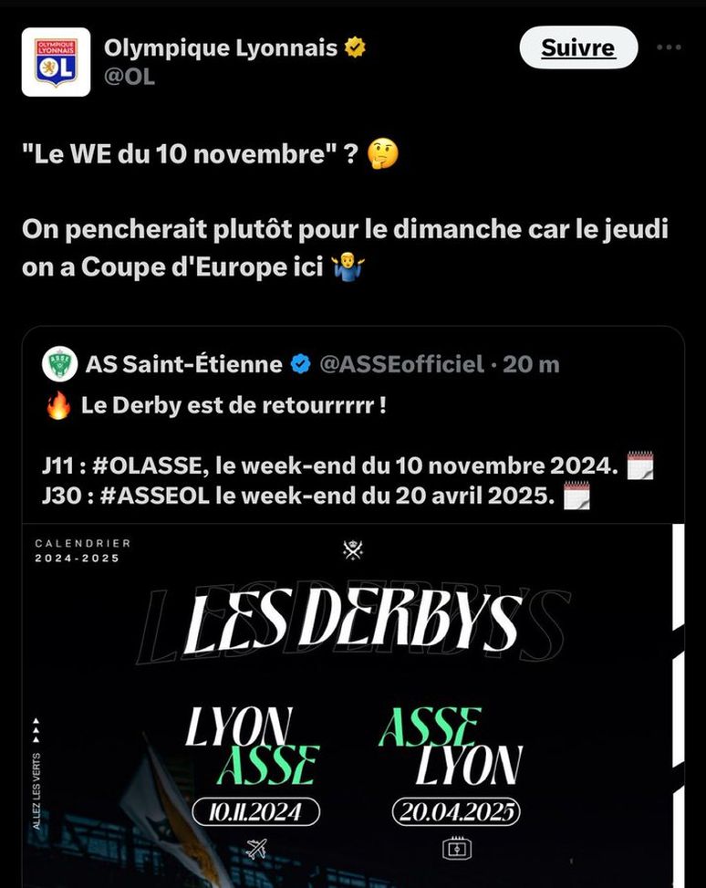 Il Saint Etienne “il derby è tornato!!!”: pronta la risposta da Lione “Saremo pronti”- immagine 2