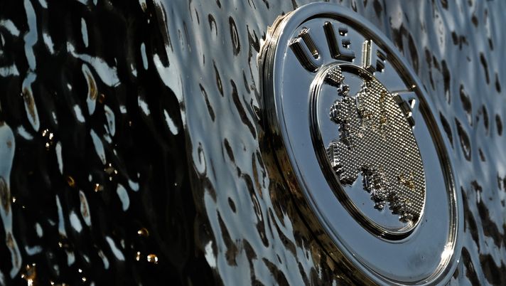SEVILLE, SPAIN - MAY 18: A UEFA logo sits on display on a UEFA Europa League replica trophy ahead of the UEFA Europa League final match between Eintracht Frankfurt and Rangers FC at Estadio Ramon Sanchez Pizjuan on May 18, 2022 in Seville, Spain. (Photo by David Ramos/Getty Images)