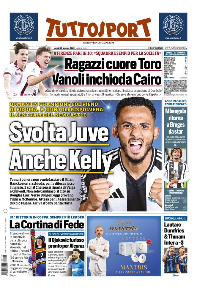 Tuttosport, la prima pagina di oggi, lunedì 20 gennaio 2025 Tuttosport