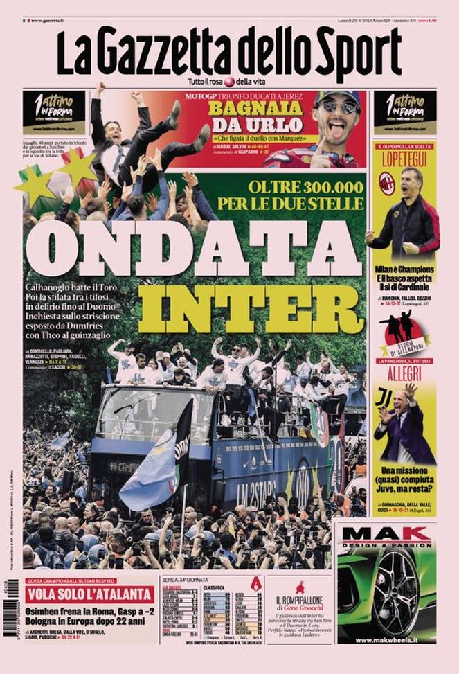 La Gazzetta dello Sport, la prima pagina di oggi, lunedì 29 aprile 2024