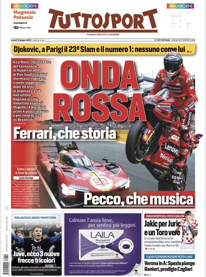 Tuttosport, la prima pagina di oggi, lunedì 12 giugno 2023 Tuttosport