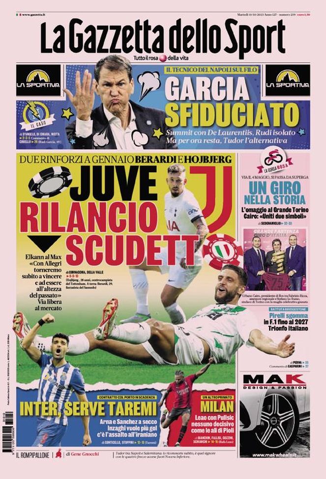 La Gazzetta dello Sport, la prima pagina di oggi, martedì 10 ottobre 2023 La Gazzetta dello Sport