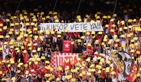 Siviglia 6 aprile 205: I Fans del Siviglia protestano contro il Presidente del club Jose Maria del Nido Carrasco con lo striscione 'junior vattene ora' durante il match tra Siviglia e Atletico Madrid (Photo by Fran Santiago/Getty Images) Siviglia, tifosi in piazza contro la dirigenza: chieste le dimissioni del Consiglio- immagine 2