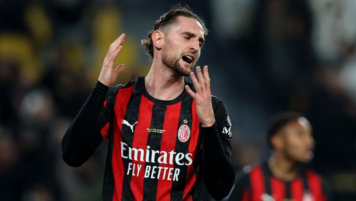 RIYADH, SAUDI ARABIA - DECEMBER 18: Adrien Rabiot of AC Milan reacts during the Supercoppa Italiana Semi-Final match between SSC Napoli and AC Milan at King Saud University Stadium on December 18, 2025 in Riyadh, Saudi Arabia. (Photo by Yasser Bakhsh/Getty Images) rabiot napoli