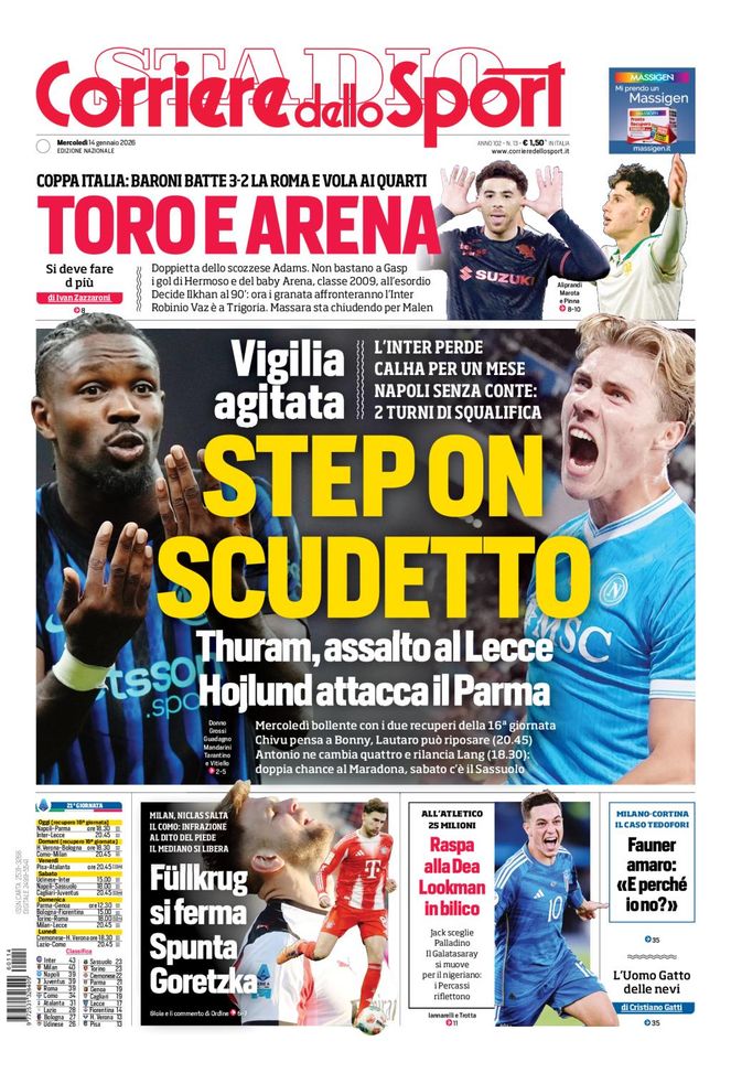 Il Corriere dello Sport, la prima pagina di oggi, mercoledì 14 gennaio 2026 Il Corriere dello Sport