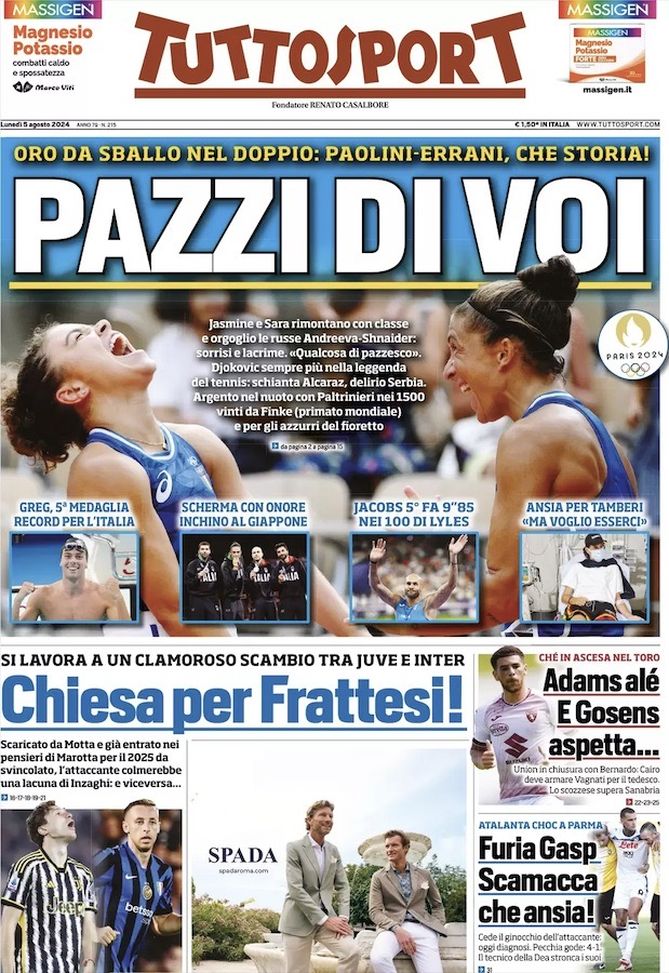 Tuttosport, la prima pagina di oggi, lunedì 5 agosto 2024