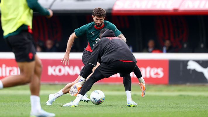 CAIRATE, ITALY - APRIL 14: Christian Pulisic of AC Milan in action during an AC Milan Training Session at Milanello on April 14, 2026 in Cairate, Italy. (Photo by Giuseppe Cottini/AC Milan via Getty Images) pulisic-astinenza-gol-verona-milan