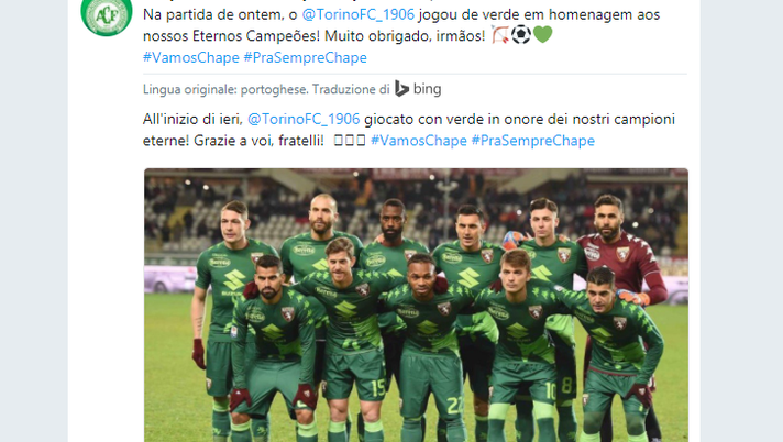 Il Torino in maglia verde, e la Chapecoense: “Molte grazie, fratelli!” - immagine 1