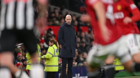 MANCHESTER, ENGLAND - NOVEMBER 01: Manchester United Manager Erik Ten Hag looks on from the sidleines during the Carabao Cup Fourth Round match between Manchester United and Newcastle United at Old Trafford on November 01, 2023 in Manchester, England. (Photo by Stu Forster/Getty Images)