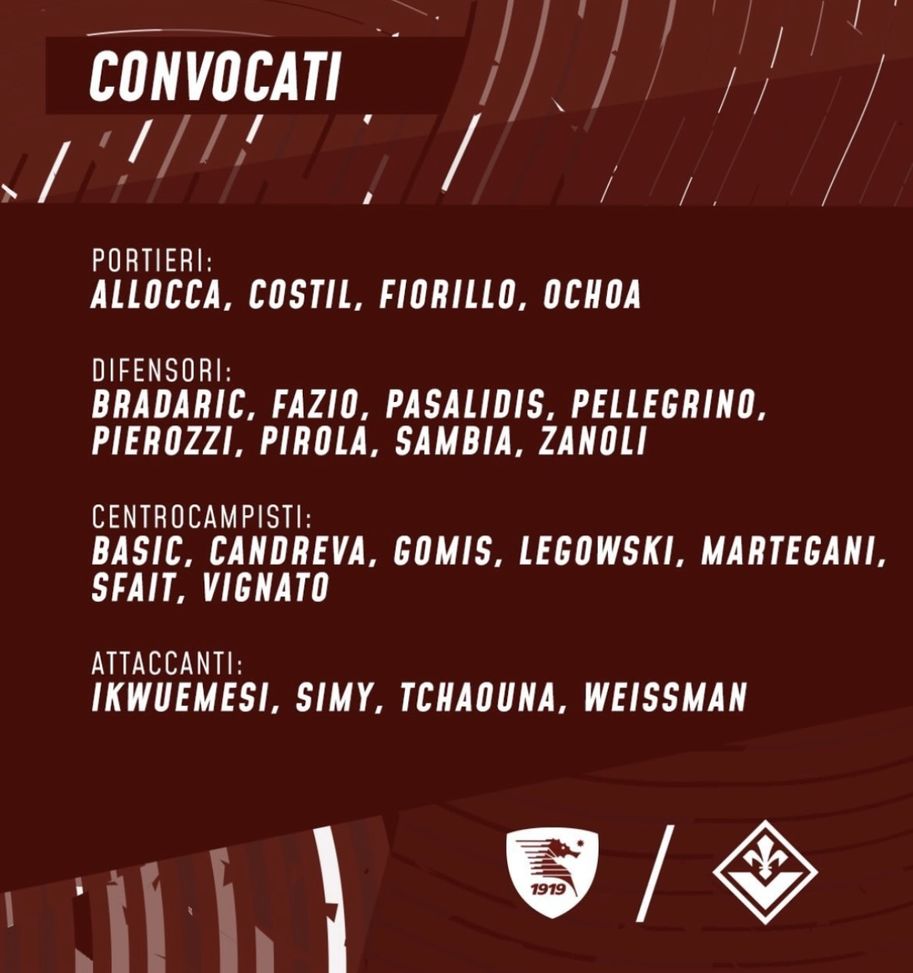 Salernitana, i convocati per la Fiorentina: out 3 difensori centrali- immagine 2