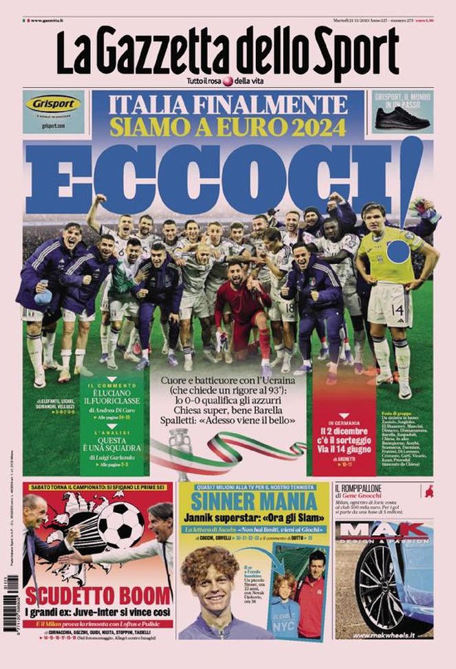 La Gazzetta dello Sport, la prima pagina di oggi, martedì 21 novembre 2023 La Gazzetta dello Sport