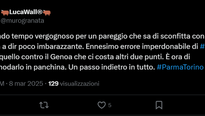 Parma-Torino 2-2, le reazioni social: “Un pareggio che sa di sconfitta” Parma-Torino 2-2, le reazioni social: “Un pareggio che sa di sconfitta” - immagine 1