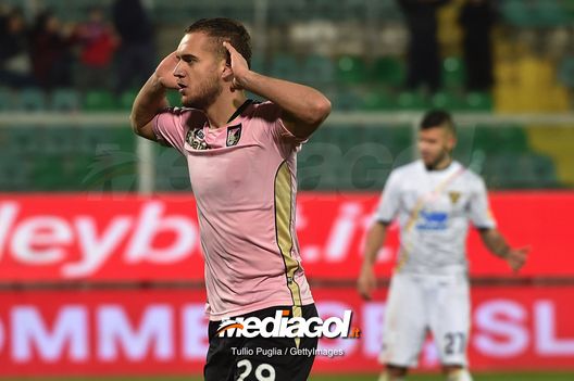 PALERMO, ITALY - MARCH 02: George Puscas of Palermo celebrates after scoring his team's second goal during the Serie B match between US Citta di Palermo and Lecceat Stadio Renzo Barbera on March 02, 2019 in Palermo, Italy. (Photo by Tullio M. Puglia/Getty Images) Palermo