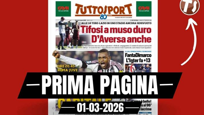 Prima pagina Tuttosport: 'Domenica il derby. Milan oggi la Cremonese' Prima pagina Tuttosport: 'Domenica il derby. Milan oggi la Cremonese'