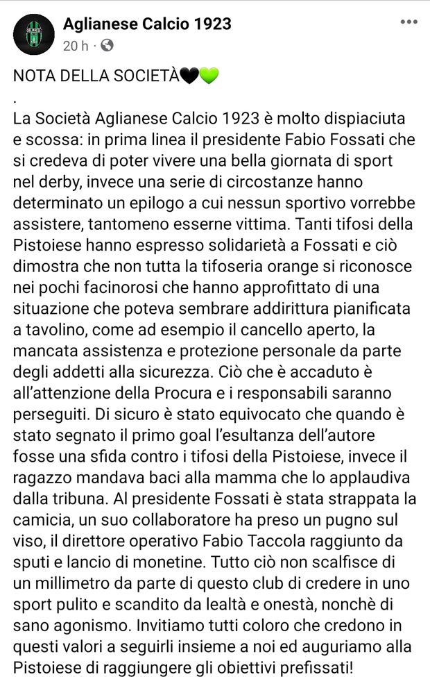 Aglianese, presidente aggredito al derby di Pistoia: accuse gravi “Era tutto preparato”…- immagine 2