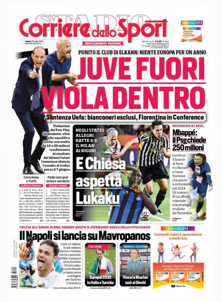 EDICOLA CDS – Juve fuori, Fiorentina in Conference. E Chiesa aspetta Lukaku - immagine 1
