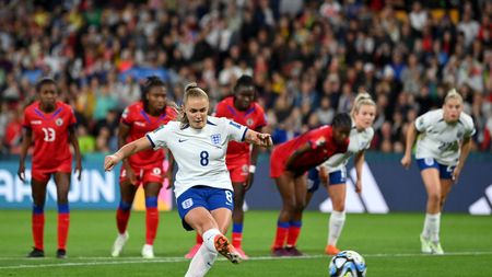 BRISBANE, AUSTRALIA - JULY 22: Georgia Stanway of England retakes the penalty to score her team's first goal during the FIFA Women's World Cup Australia & New Zealand 2023 Group D match between England and Haiti at Brisbane Stadium on July 22, 2023 in Brisbane, Australia. (Photo by Justin Setterfield/Getty Images)